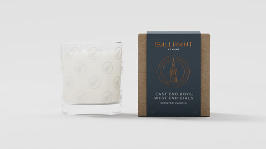 'East End Girls, West End Boys' niche fragrance candle and packaging
