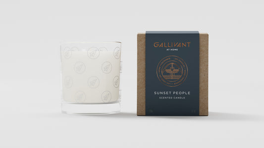 'Sunset People' niche fragrance candle with packaging